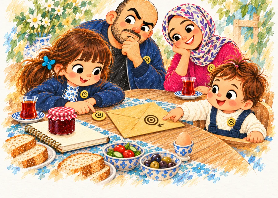 Aile kahvaltı masasında sarı zarfın spiral damgasını birlikte inceliyor.